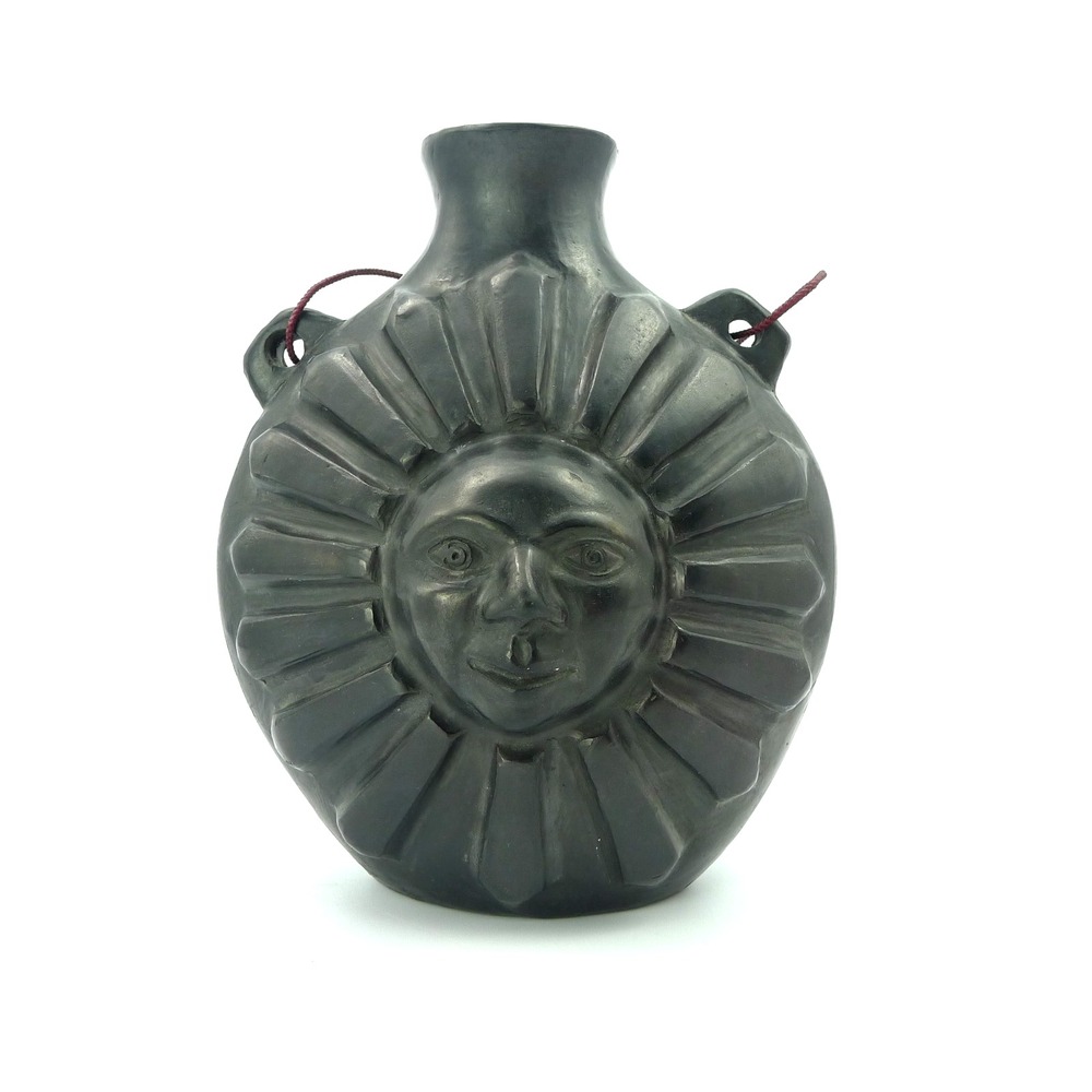 Oaxaca Mexico Barro Negro/Black Clay Pottery Sun Face Decorative Jug/Flask